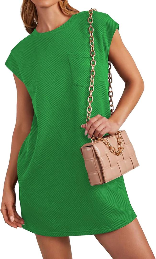 Poetsky Women's Summer Casual T Shirt Dress Short Cap Sleeve Crewneck Loose Basic Shift Mini Dresses (Green, L)