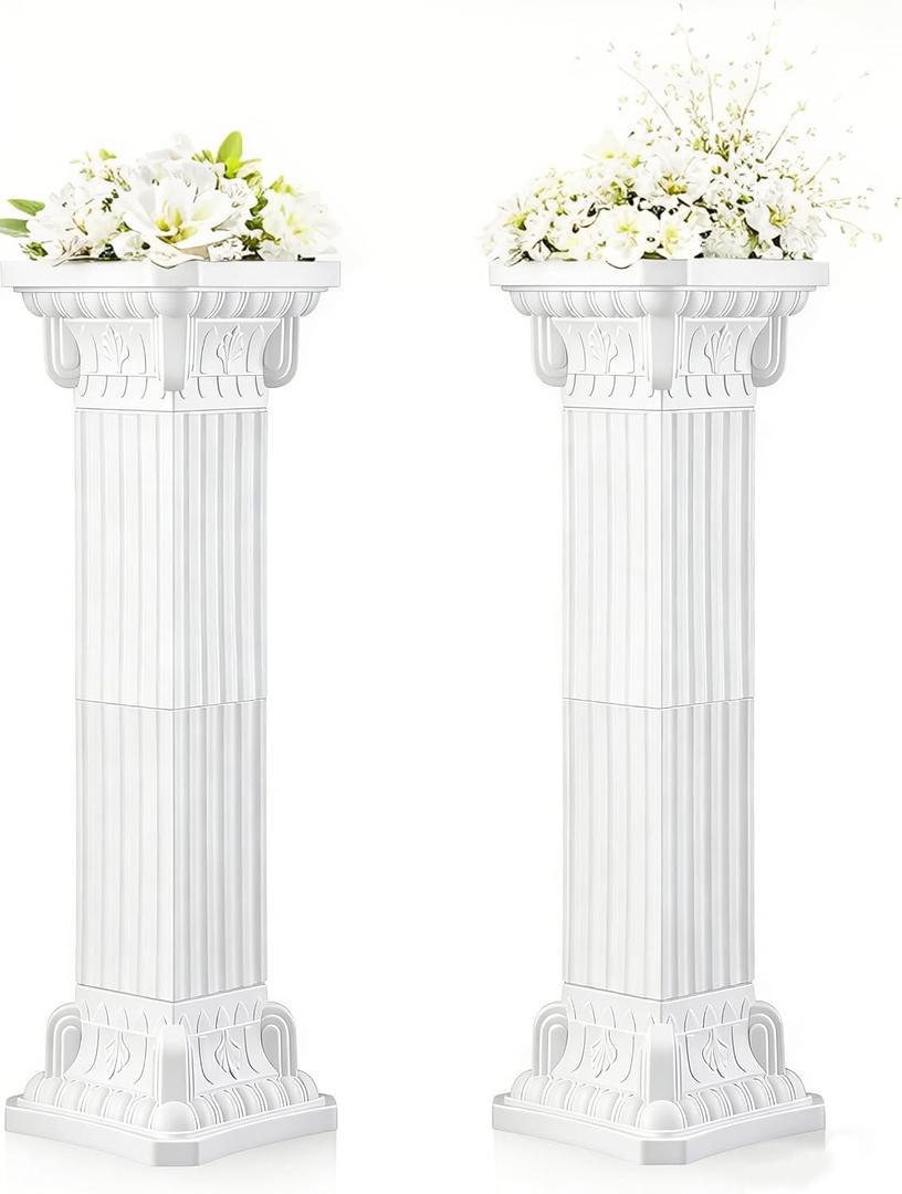 Karida 2 Pcs Roman Wedding Columns – 34.6" Tall Heavy Duty Plastic Greek Pillars, 110 lbs Load Capacity, Tool-Free Assembly, White Decorative Pedestal Stands for Ceremony Flowers, Plants, Balloons, Indoor/Outdoor Events（Square）