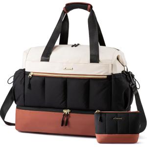 LOVEVOOK Travel Duffel Bag, Weekender Bags for Women, Large Overnight Bags with Shoe Compartment, 47L Carry on Gym Hospital Bag with Wet Pocket, 2 Pcs (Beige-Black-Brown)