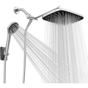 Wide Rain Shower Head With 5 Modes Handheld Showerheads, High Pressure Shower Head Combo with Extension Arm for Bathroom Accessories, Adjustable Shower Head with Anti-Clog Nozzles (Chrome)