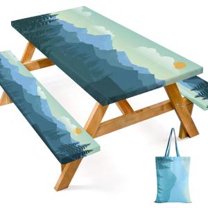 Dntorx Picnic Table Cover with Bench Covers and Bag, 72in Camping Tablecloth, Waterproof Windproof Elastic Edges Fitted Rectangle Tables RV Gear Campers Must HaveGreen