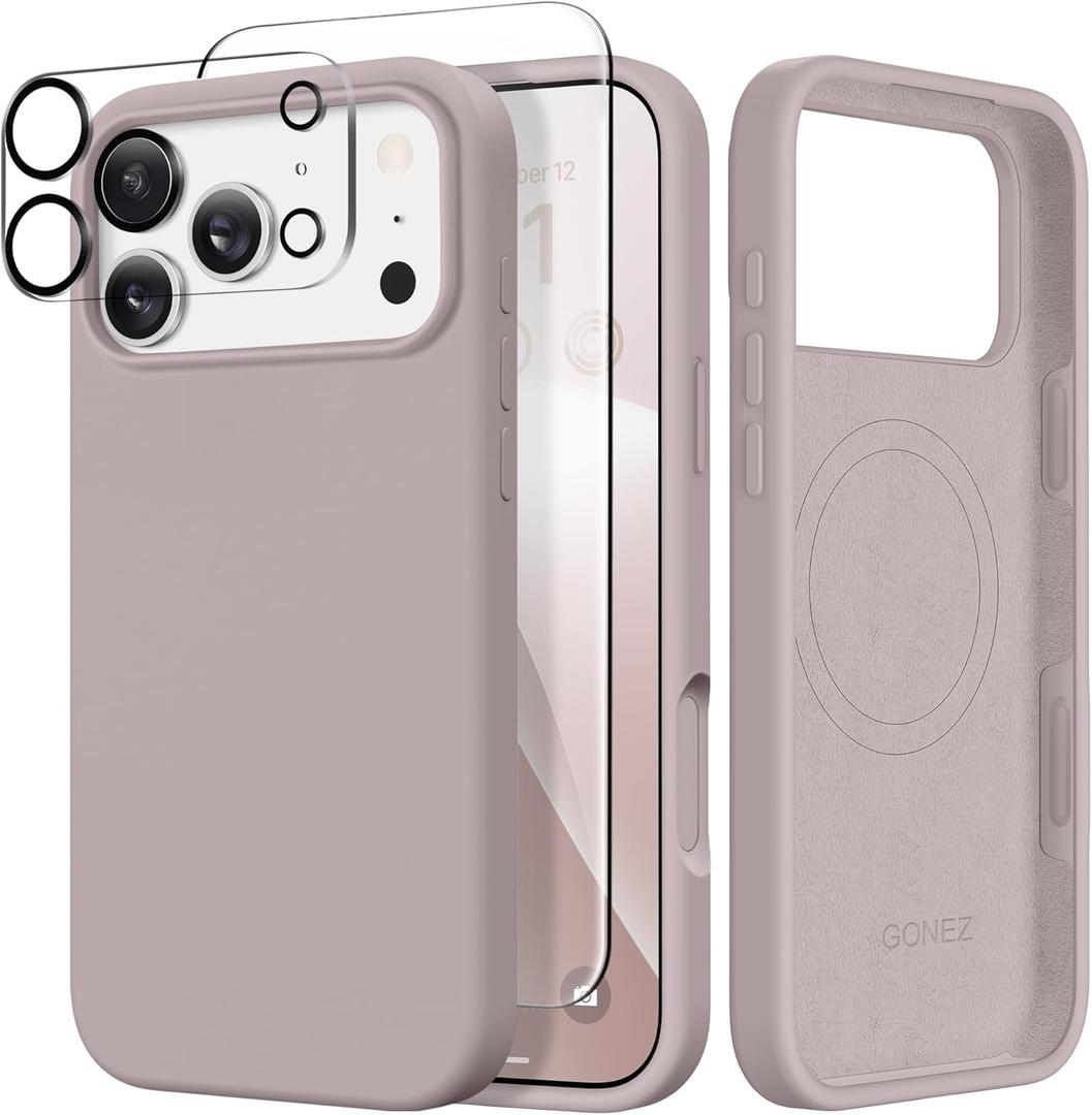 GONEZ Magnetic for iPhone 17 Pro Max Case, Compatible with MagSafe, [Screen Protector + Camera Lens Protector], Liquid Silicone Anti-Scratch Shockproof Protective Phone Case 6.9 inch, Light Taro