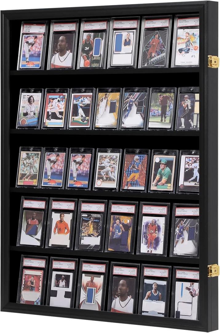VERANI 35 Baseball Card Display Case - Graded Sports Card Display Frame - Holds Sport Cards with UV Protection Clear View Lockable Wall Cabinet for Football Basketball Hockey Trading Card Large Black
