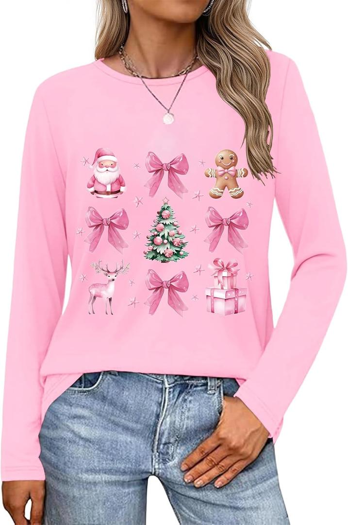 Christmas Shirts for Women Retro Pink Santa Vintage Cute Christmas Tree and Bow Graphic Xmas Vacation Tees Top (Pink, M)