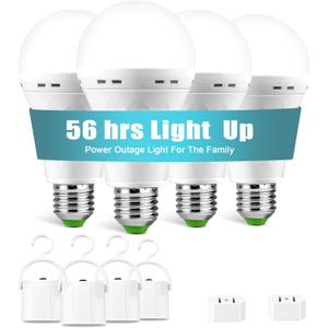 4 Pack Rechargeable Emergency Light Bulbs, Battery Powered LED Light Bulb 6000K Daylight E26 12W 60W Equivalent with 1500mAh for Home Power Outage Camping Hiking (4 Bulbs, 4 Hooks, 2 Plug Caps)
