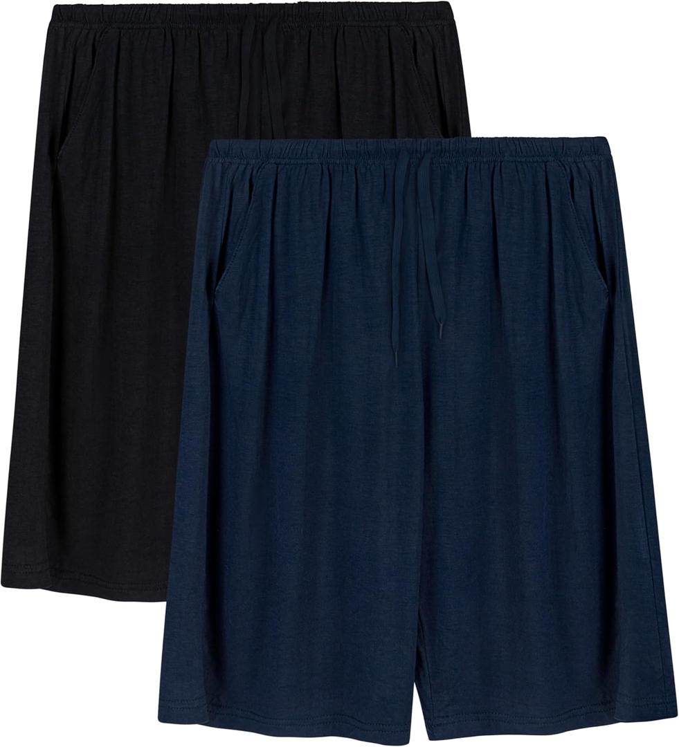 Mens Pajama Shorts, Mens Sleep Shorts Lounge Soft Comfy Pj Bottom Sleeping Pants Breathable Summer Modal Sleepwear(2 Packs) (Large, Black+Blue)
