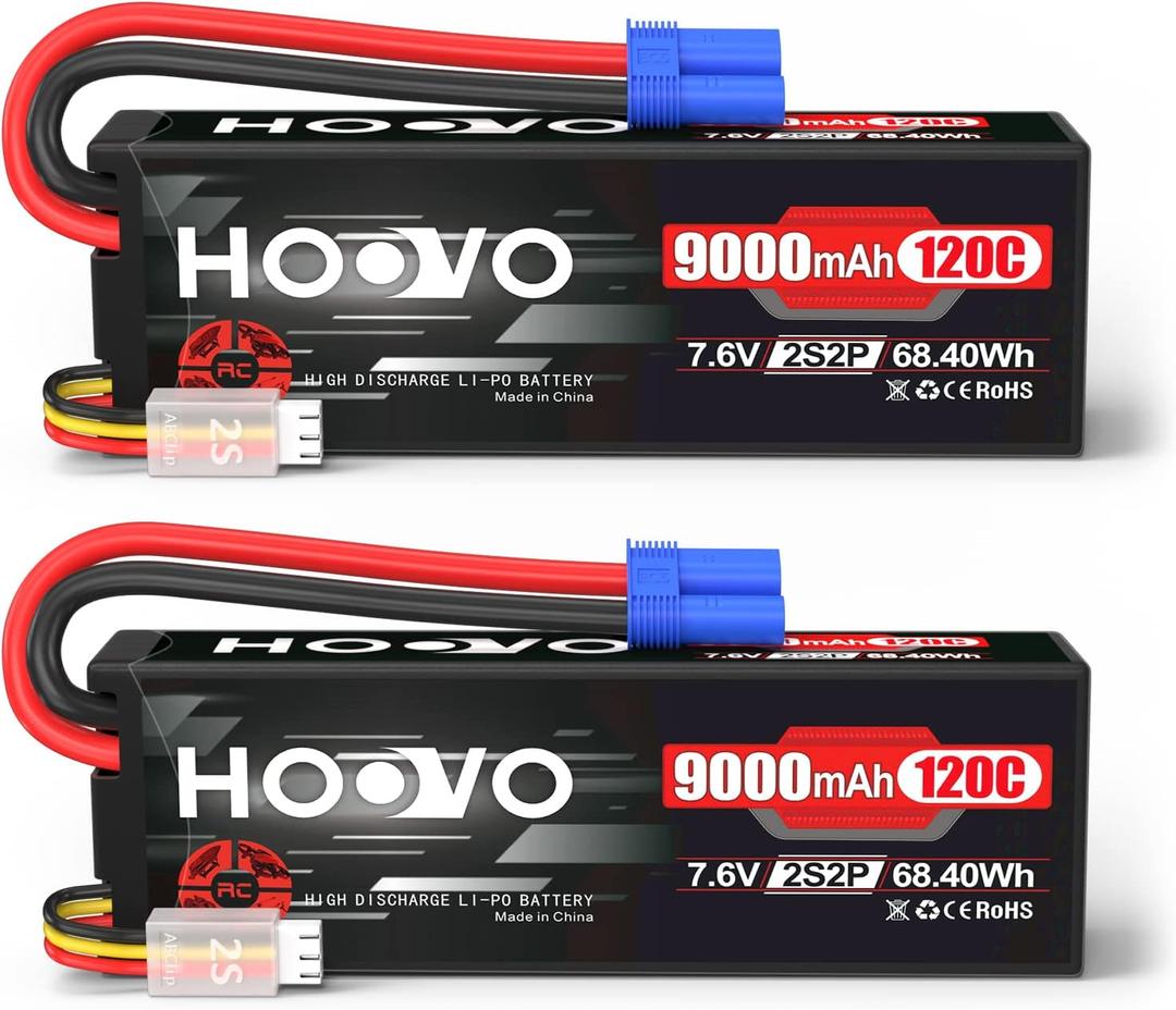 HOOVO 2S Lipo Battery 7.6V 9000mAh 120C RC Battery High Voltage Hard Case EC5 Plug Compatible for RC Cars Boats Trucks Buggies Drones RC Vehicles 2 Pack
