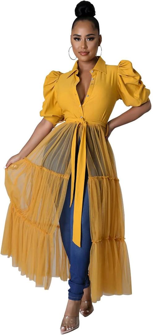 Ekaliy Women Sexy Short Sleeve Bodycon High Low Asymmetrical Ruffle Tunics Blouse Shirt Top Dress (Yellow, M)