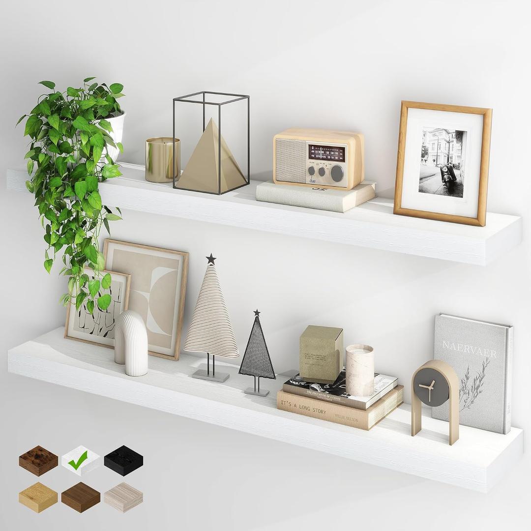 Fun Memories Floating Shelves for Wall, 48Inch Floating Shelves Set of 2, Hanging Shelf with Invisible Brackets, Wood Shelves for Living Room, Bedroom, Kitchen, White