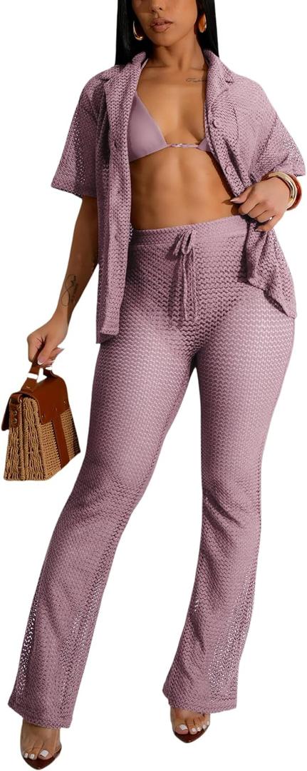 Women's Fashionable 2-Piece Beach Ensemble-Hollow Out Button Top and Drawstring Pants, L