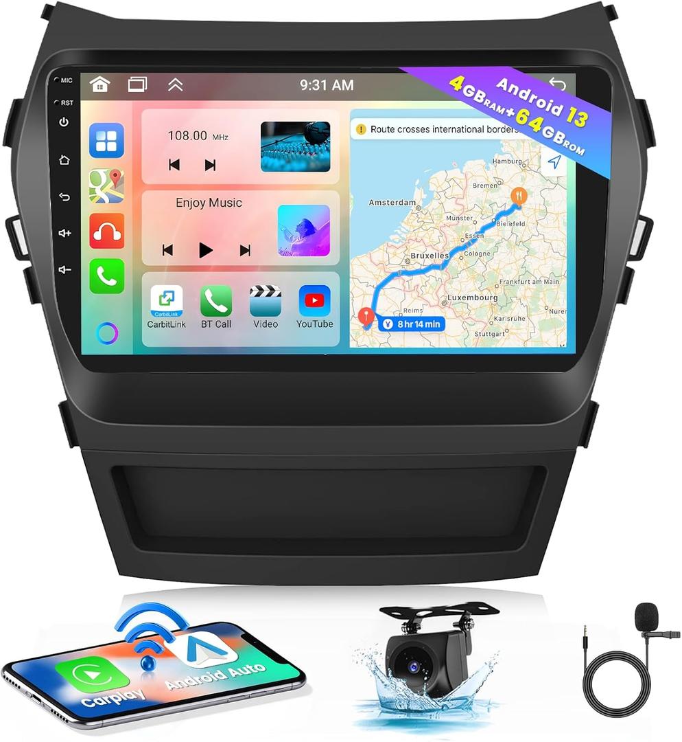 Hikity for Hyundai Santa Fe IX45 2013-2017 Radio, 8 Core 4+64GB Android 13 Car Stereo 9 Inch IPS Touchscreen Car Radio with Wireless Carplay Android Auto 59UI GPS WiFi 32EQ DSP Backup Camrea