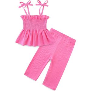 Toddler Girl Summer Clothes Solid Color Sweet Camisole Ruffle 2-Piece Infant Cotton Linen Pants Set (Pink)