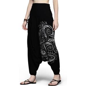 The Veshti Company Women's Printed Summer Harem Pants, Cotton Boho Hippie Casusal Oversized Palazzo Pant for Women (X-Large, Quantum Shadows Black-grey)