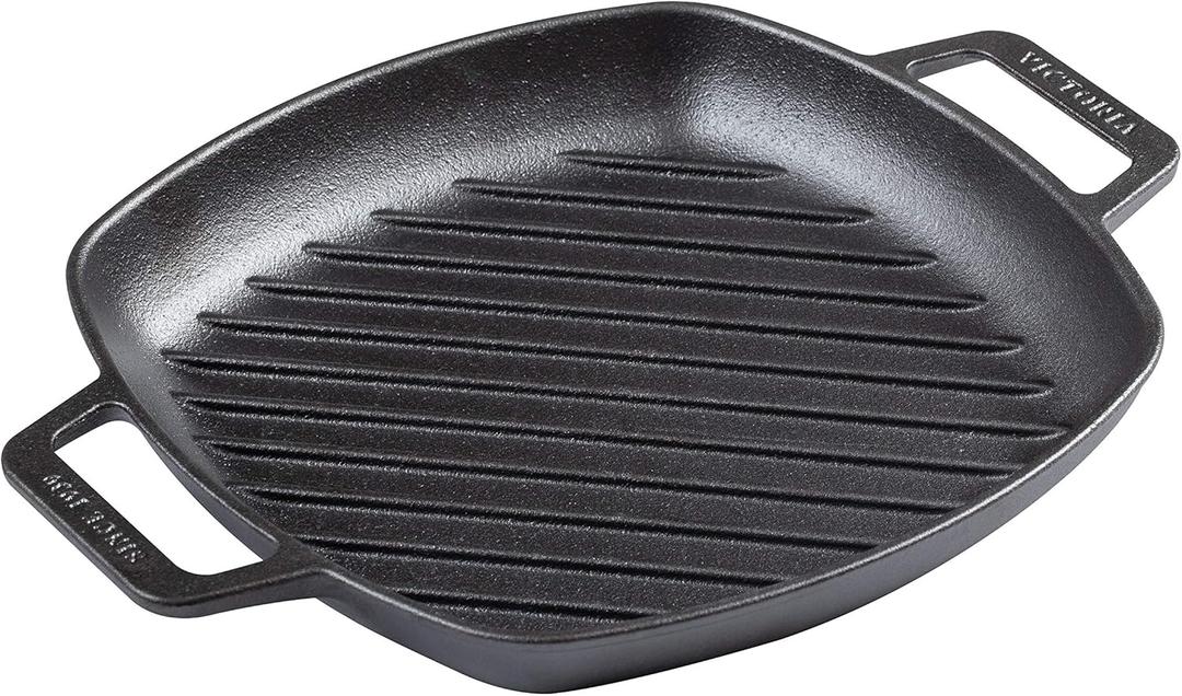 Victoria Cast Iron Square Grill Pan with Double Loop Handles, Made in Colombia, 10 Inches