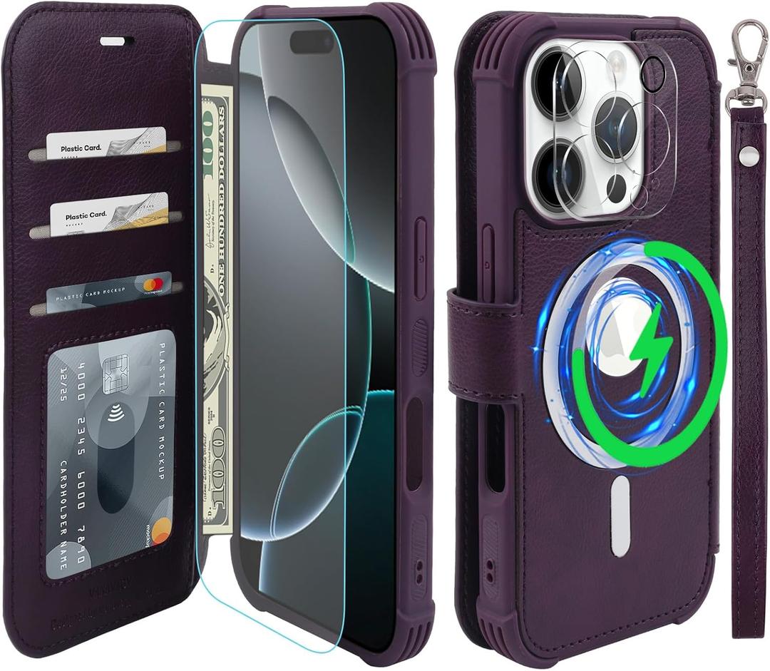 VANAVAGY Compatible for iPhone 16 Pro Max Wallet Case for Magsafe Wireless Charging, PU Leather Flip Case Wrist Strap [Screen Protector & Camera Lens Protector] with RFID Blocking Card Holder,Purple