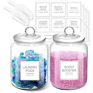 Laundry Pods Glass Jars - Half Gallon Airtight Containers with Scoop and Labels for Organization and Storage Laundry Room Detergents Powder, Scent Booster Beads Holder, Set of 2