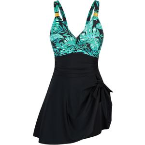 HUSKARY Women Swimsuit One Piece Tummy Control Swimdress Full Coverage Flowy Bathing Suits Gold Metal Tie Knot Swim Dress XL