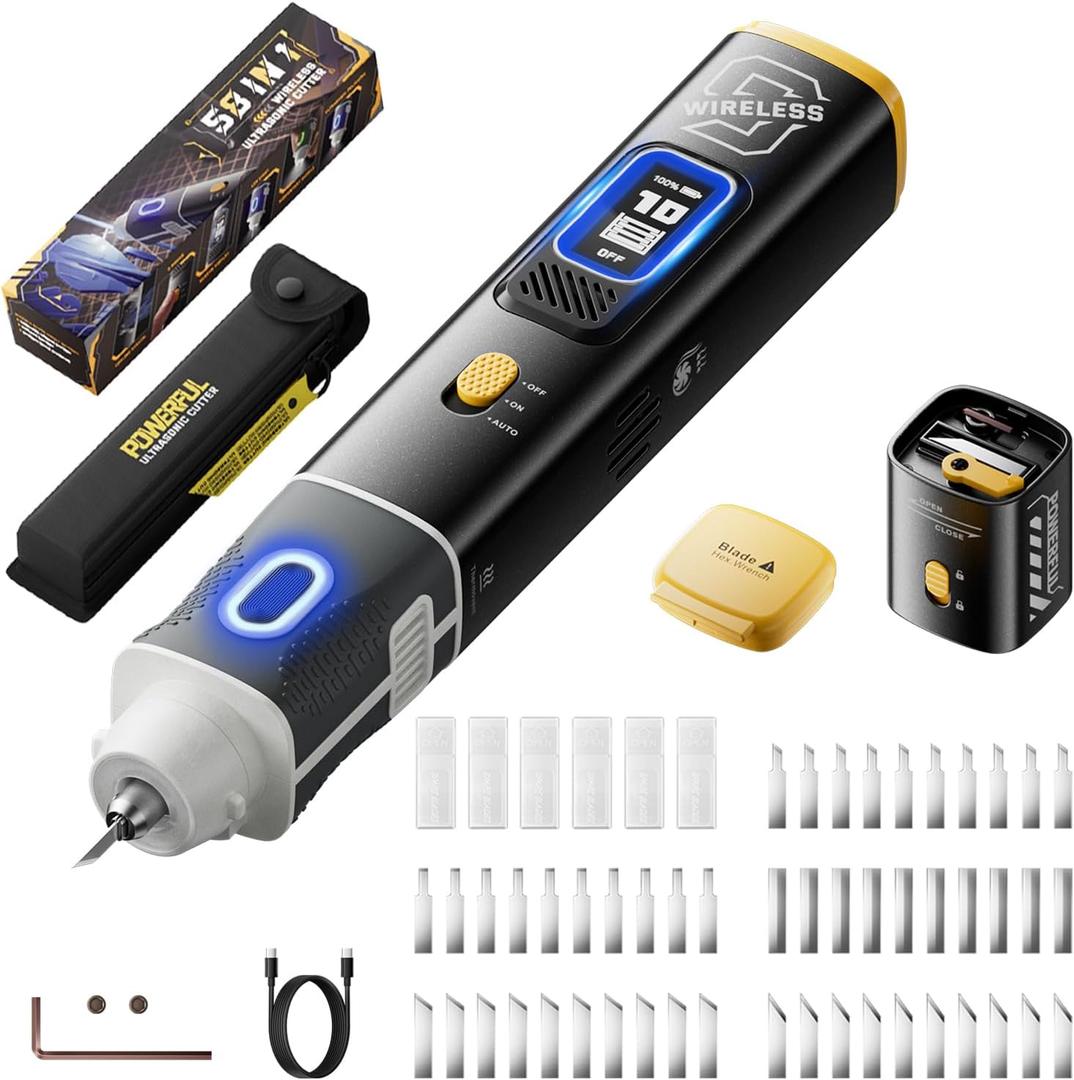 2-in-1 Wireless Ultrasonic Cutter, 35W Auto Power Adjustment Cutting Grinding AI Auto Cooling 40kHz Vibration, 3 Mode Cordless Knife 50Pcs Blades For 3D Printing, Woodworking, Model Mods & DIY