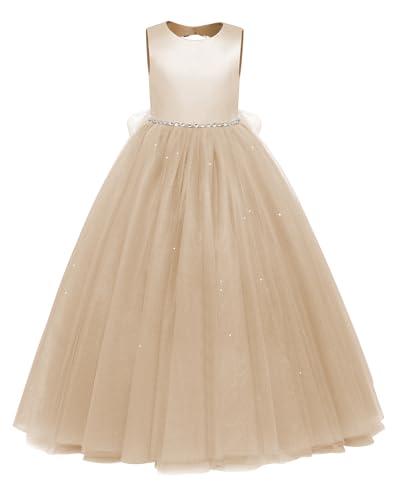 HEWEGO Champagne Flower Girls Dress Puffy Tulle Long Gown Summer Sleeveless O-Neck Junior Girl Dress Wedding Party Satin Maxi Prom Evening Dresses Champagne Size 12