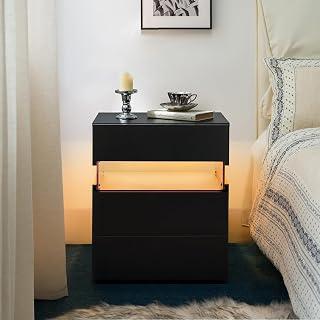 Bedside Table with Led, Nightstand with 3 Drawers and Hidden Storage, End Table for Bedroom, Living Room, Black