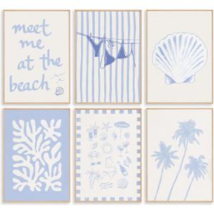 6Pcs Coastal Granddaughter Wall Art Blue Shell Bikini Wall Decor Starfish Palm Tree Poster Prints Artwork Meet Me At The Beach Preppy Aesthetic for Girly Room Dorm Apartment Home Decoration (10L"X8W")