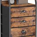 Furnulem Night Stand, Tall 4 Drawers Dresser for Bedroom, Hallway, Nursery, Closet Organizer, Nightstand Bedside Table Furniture, Vertical Storage Tower Fabric, Sturdy Steel Frame, Wood Top (Rustic Brown)