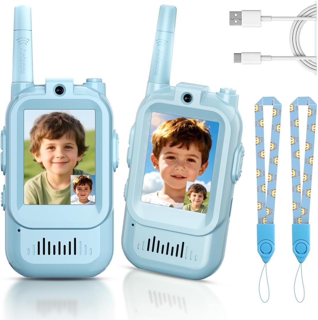 Video Walkie Talkies for Kids, Handheld 2 Pack Rechargeable Video Intercom Kids Walkies Talkies, Indoor Outdoor Toys for Family Games, Outside, Camping, Hiking for Boys Girls Ages 3-12 (Blue/Blue)