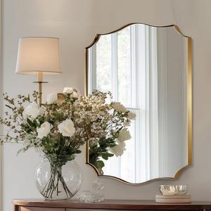 MIRRORART Gold Bathroom Mirrors for Wall, 22x30'' Brushed Brass Scalloped Bathroom Mirror Wavy Top Design in 1 Stainless Steel Metal Frame for Home Decor Wall-Mount Vertical/Horizontal