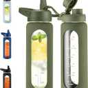 CIVAGO 24 oz Glass Water Bottle with Straw and Handle, Large Sports Motivational Water Bottle Flask with Time Marker and 2 Lids, Leakproof Jug Canteen with Silicone Sleeve for Gym, Army Green