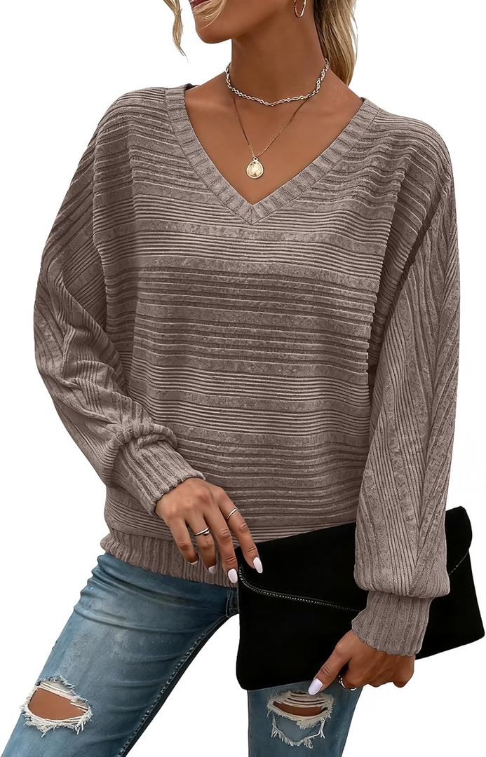 Womens Sweaters Casual Long Sleeve Shirts Loose V Neck Lightweight Knit Sweater Trendy Fall Clothes for Women 2025 Coffee XX-Large