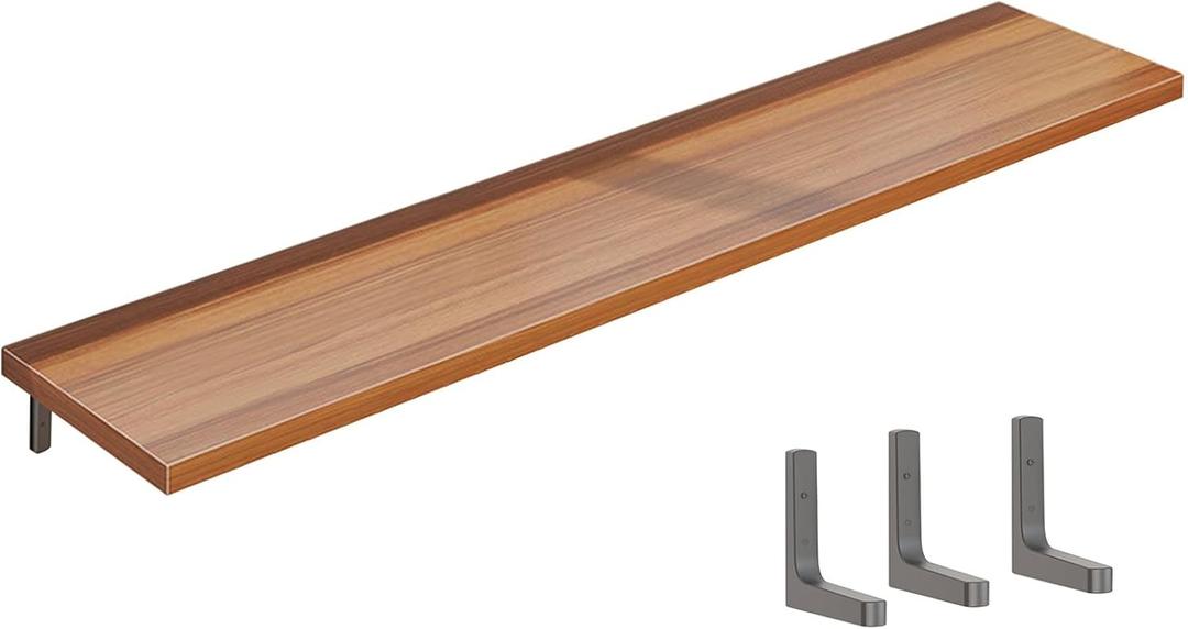 Wooden Radiator Cover Shelf with Bracket, Floating Wall Shelf, Drill-Free Installation, Ideal for Home Office, Bedroom, Living Room - Brown, 140x30cm (70x30cm, Black)
