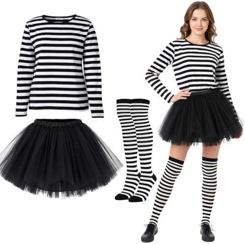 Jadive Christmas Costumes for Women, Striped Long Sleeve T-Shirts Tulle Tutu Skirt Long Striped Stockings Socks.M