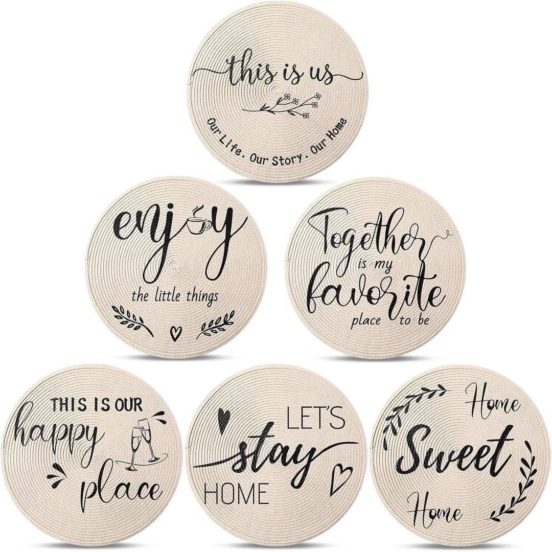 Queekay Round Braided Placemats Set of 6 Round Table Mats Washable Cotton Polyester Placemats 15" Diameter for Kitchen Dining Table Birthday Wedding Housewarming Party Decoration (Beige)