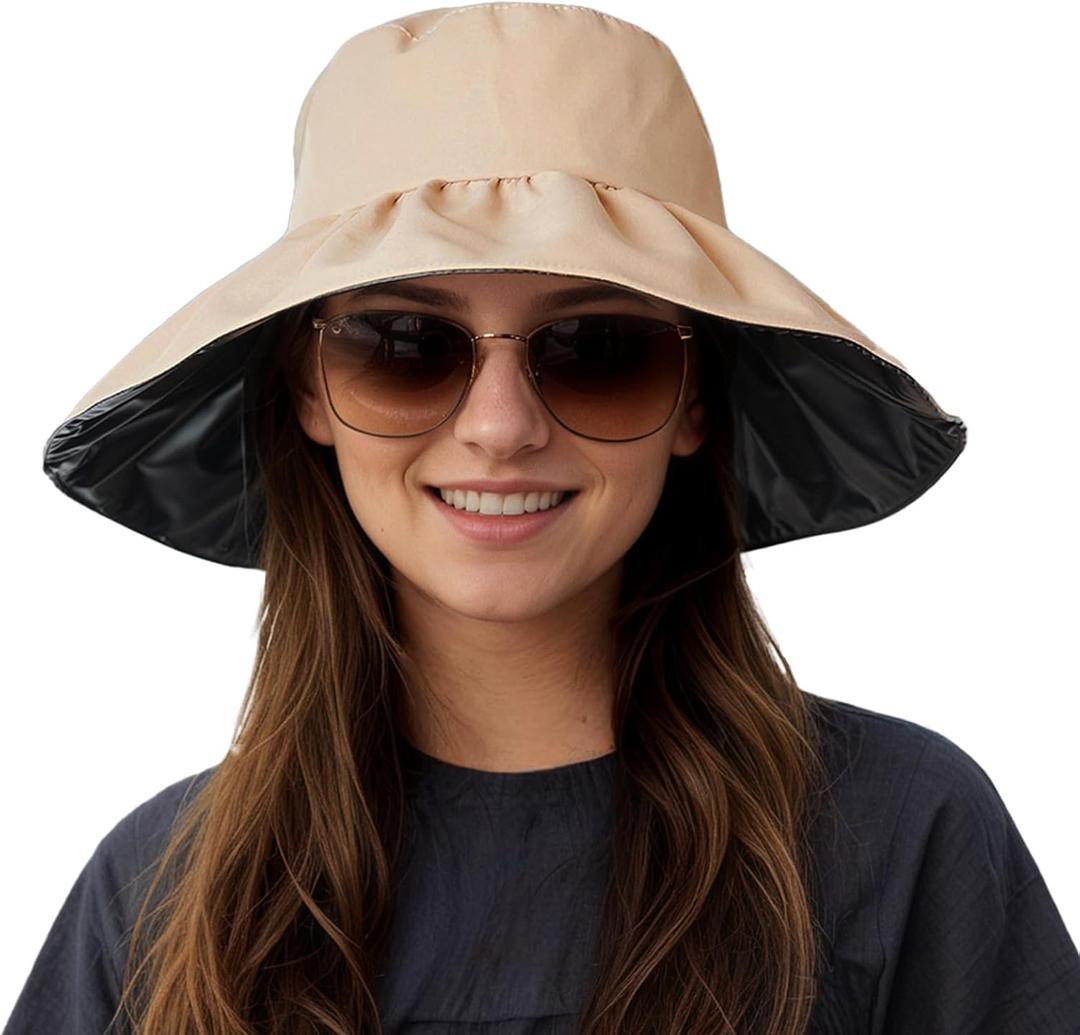 Wide Brim Sun Hats for Women Summer UPF50+ Foldable Beach Hat for Gardening Hiking Fishing Apricot