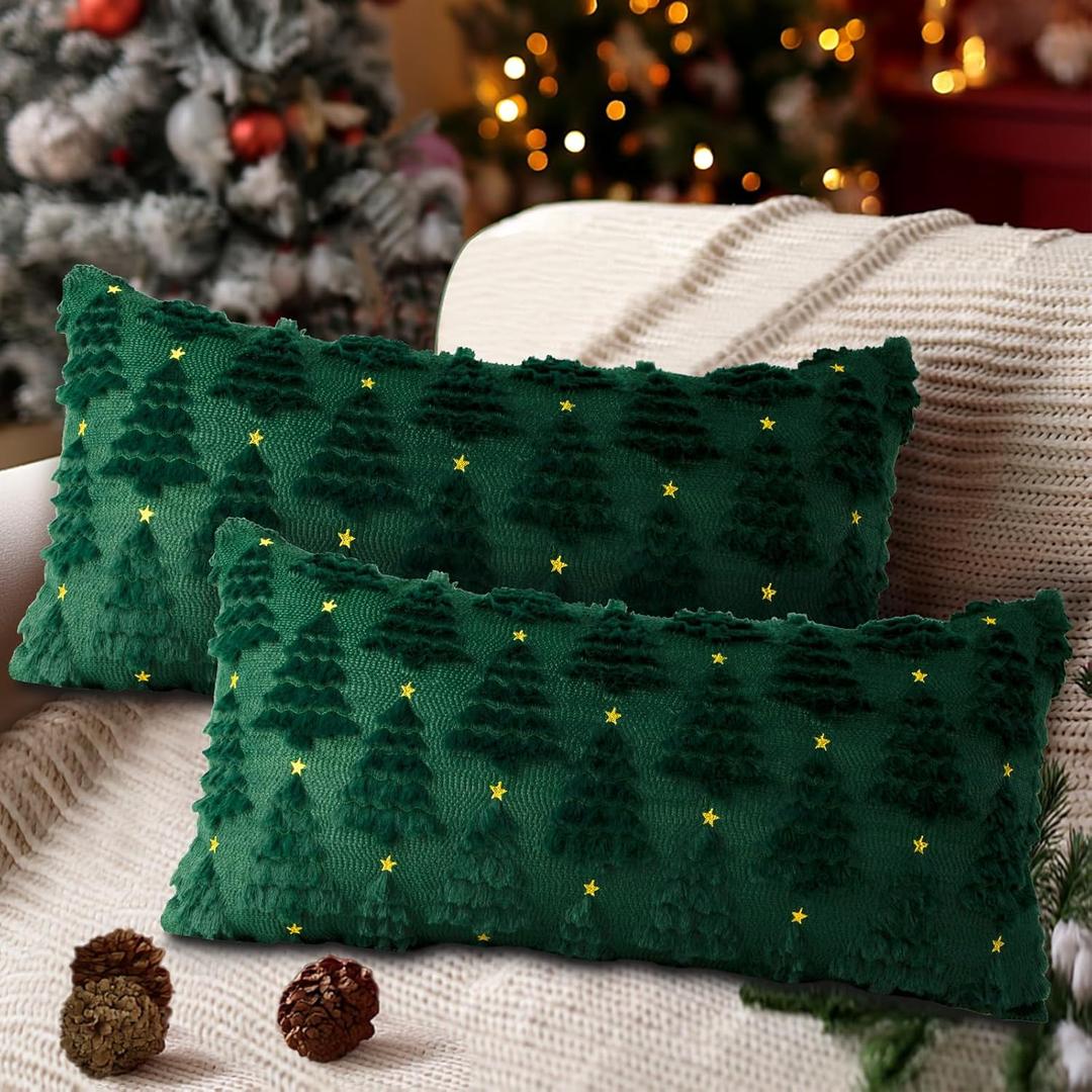 Lanpn Christmas 14x22 Throw Pillow Covers Set of 2, Winter Star Chrismas Tree Throw Pillow Cases Soft Plush Faux Fur Wool 14 x 22 Winter Cushion Cover for Indoor Home Bedroom Couch Sofa Decor (Green)