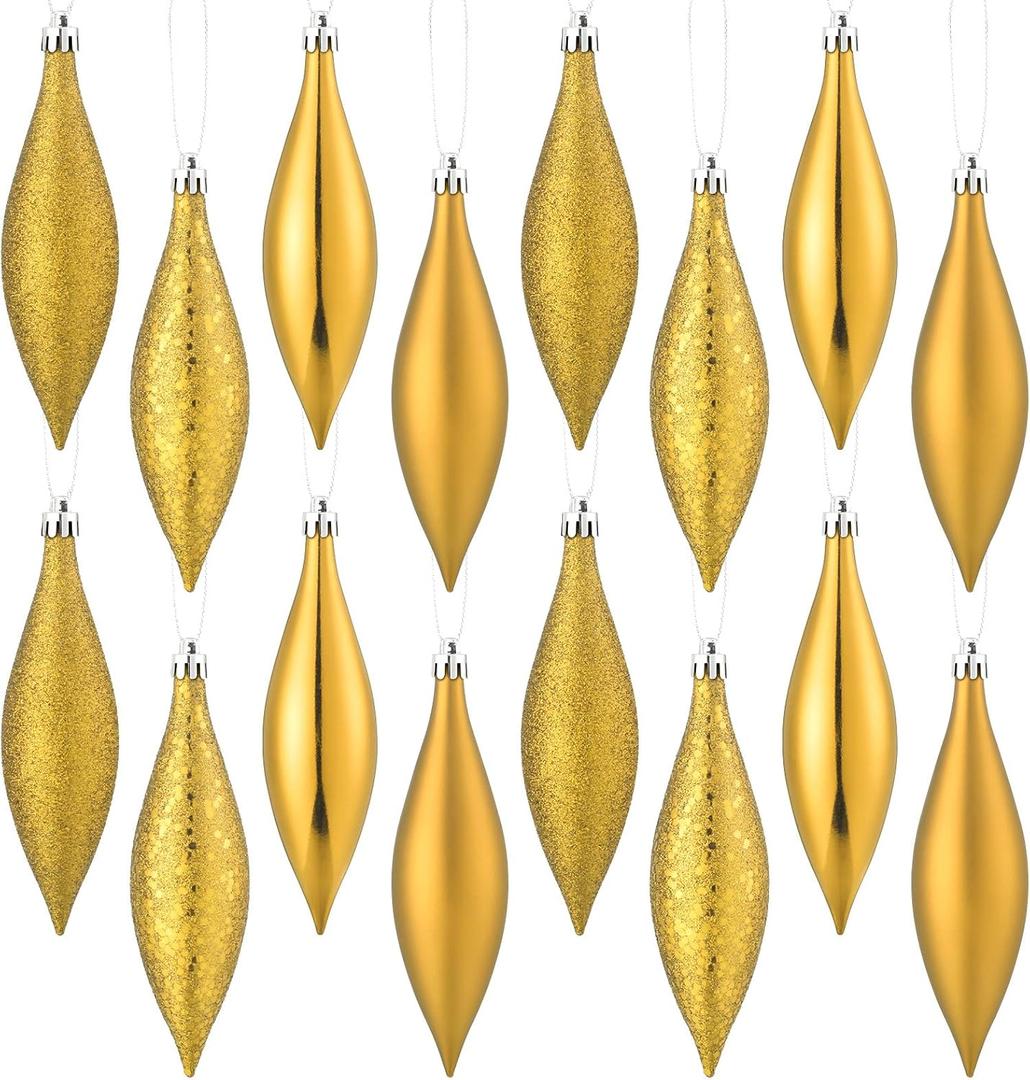 Soaoo 16 Pcs Plastic Finial Drop Christmas Ornaments Decorative Hanging Ornaments Shiny, Matte, Glitter and Sequin Finishes Shatterproof for Christmas Tree Decor Wedding Party Xmas Holiday(Gold)