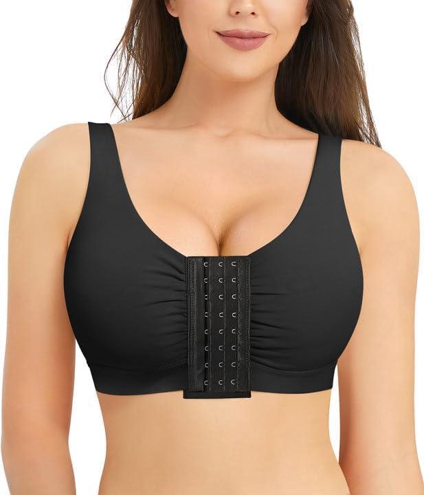 BRABIC Front Closure Post Surgery Minimizer Bras for Women Full Coverage Surgical Wireless Comfort Everyday Bras (Large, Black)