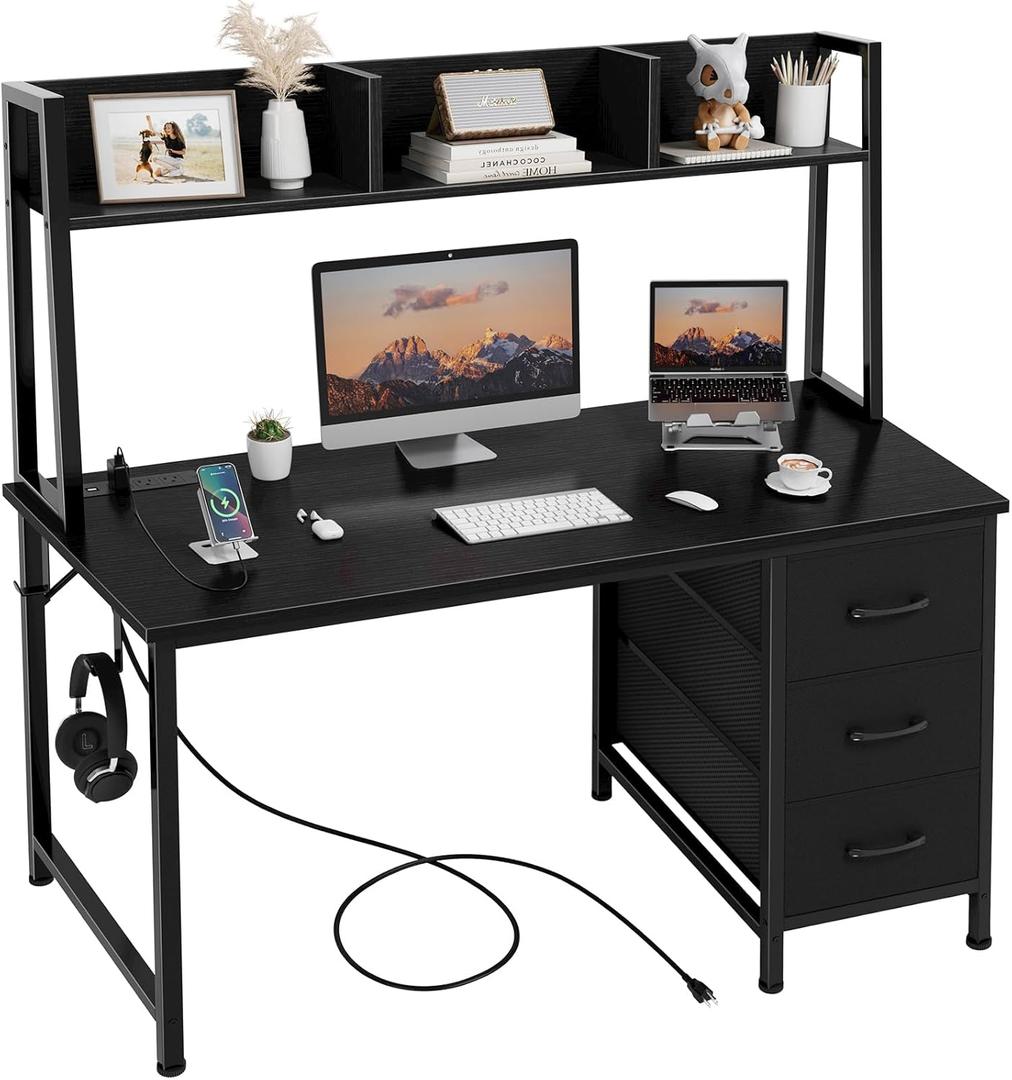 DLisiting Black Computer Desk with Hutch & Drawers - Office Desk with 3 Storage Drawers and Power Outlets, 47 Inch Modern Study Writing Desk for Bedroom Home Office