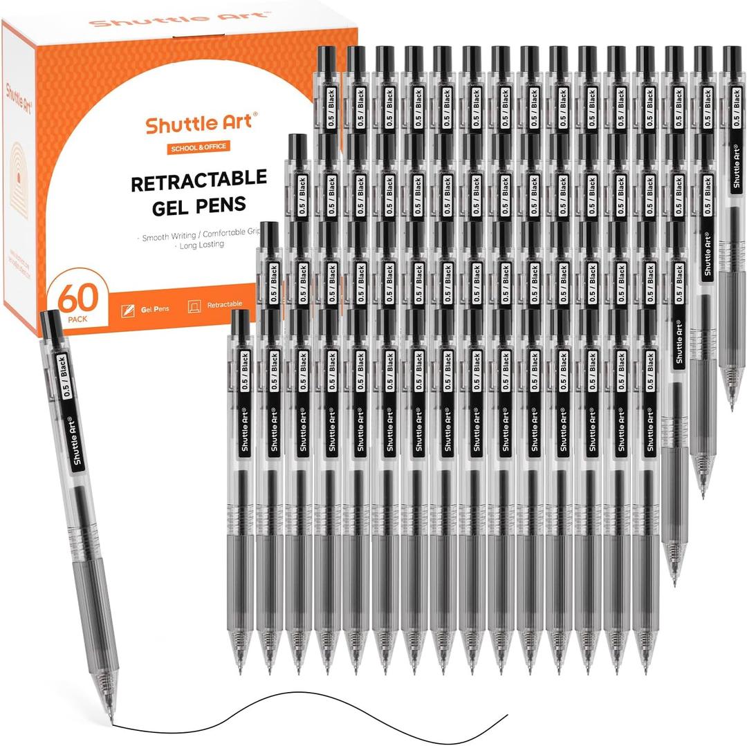 Shuttle Art Black Gel Pens, Ink Glide Series 60 Pack Retractable 0.5mm Fine Point Rollerball Gel Ink Pens Bulk Set Quick Drying Smooth Writing with Grip for Journaling Note Taking Office School Home