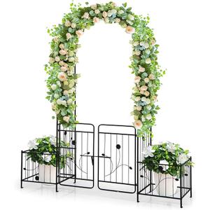 Happygrill Garden Arbor, 87" Metal Archway Pergola with Lockable Gate & 2 Side Planters for Climbing Plants, Roses, Vines, Heavy-Duty Outdoor Garden Arch Trellis for Wedding Party Ceremony Decoration