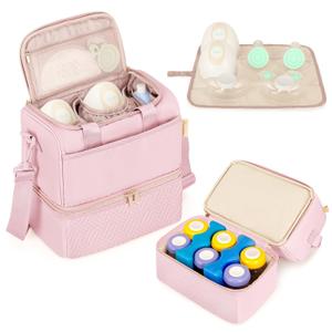 Fasrom Wearable Breast Pump Bag with Cooler Compartment Compatible with Momcozy, Medela and Willow Pumps, Portable Pumping Carrying Case with Waterproof Mat, Pink (Empty Bag Only)