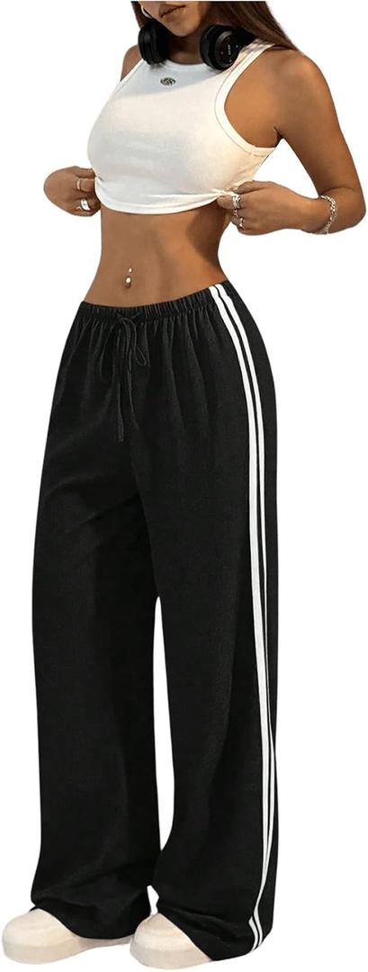SHENHE Women's Wide Leg Loose Sweatpants Low Rise Y2k Drawstring Workout Sports Pants (Black, XS)
