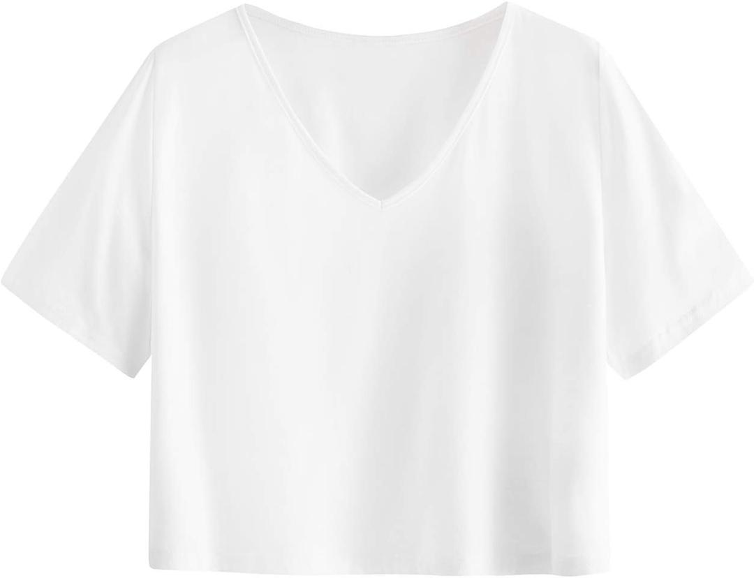 SweatyRocks Women's Casual V Neck Short Sleeve Soild Basic Crop Top T-Shirt (Large)