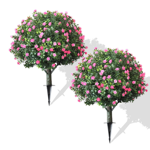 2-Pack Artificial Boxwood Topiary Ball Plant with Pink Flowers, Ground Stake, UV-Resistant Outdoor & Indoor Decorative Flowers