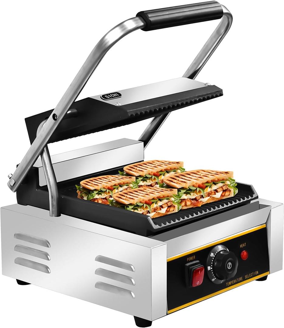 SICHI Commercial Panini Press - 1800W Commercial Electric Panini Sandwich Grill w/Nonstick Coating &Adjustable Temp, Panini Grill Press w/ 9"x9" Cooking Pan, Removable Drip Tray, Double-sided Heating