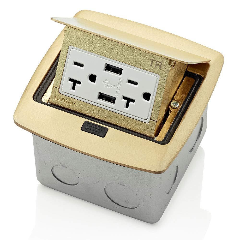 Leviton Pop-Up Floor Box with Dual Type A, 3.6 USB Charger, 20 Amp Outlet, Brass, PFUS2-BR
