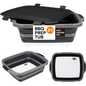 Large Collapsible BBQ Prep Tub with Locking Lid, Basket for Meal Prep Marinating Food Storage, Plastic Cutting Board(4.22 Gal/16L), Camping Sink with Colander, Dish Basin (Black)