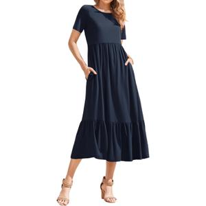 Women's Summer Dresses Casual Short Sleeve Long Dresses Crew Neck Flowy Tiered Maxi Dress with Pockets
