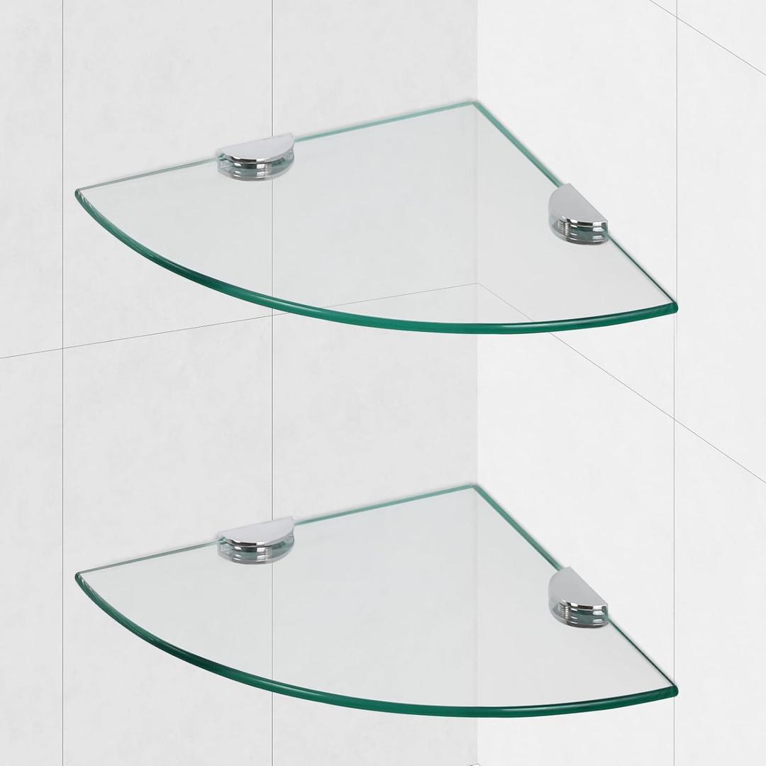 Glass Corner Shower Shelves, Tempered Floating Glass Shelves Wall Mount, Shower Caddy Organizer, Bathroom Corner Shelf with Zinc Alloy Brackets for Bathroom, Kitchen, Living Room, 9.8" x 9.8", 2 Pack