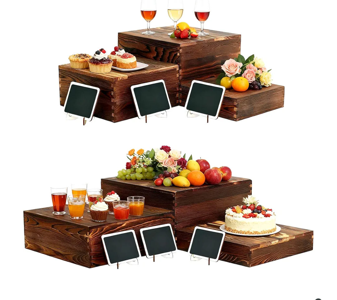 6 Pack Wooden Buffet Risers Rustic Wood Cupcake Stand Catering Supplies Buffet Display with Mini Signs Food Risers for Buffet Table Dessert Display Stand for Home Decor Party Wedding Birthday